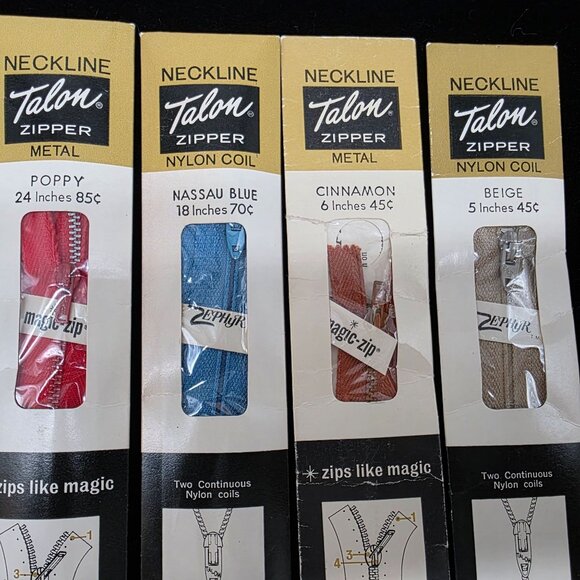 Neckline Talon Metal Nylon Coil Zippers Assorted Colors & Sizes NIB 1960s - Picture 2 of 4